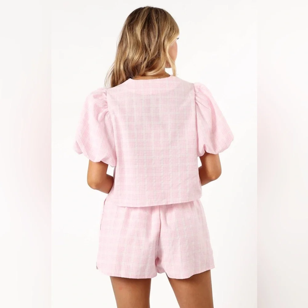Pink Tie-Front Puff Sleeve Gingham Set